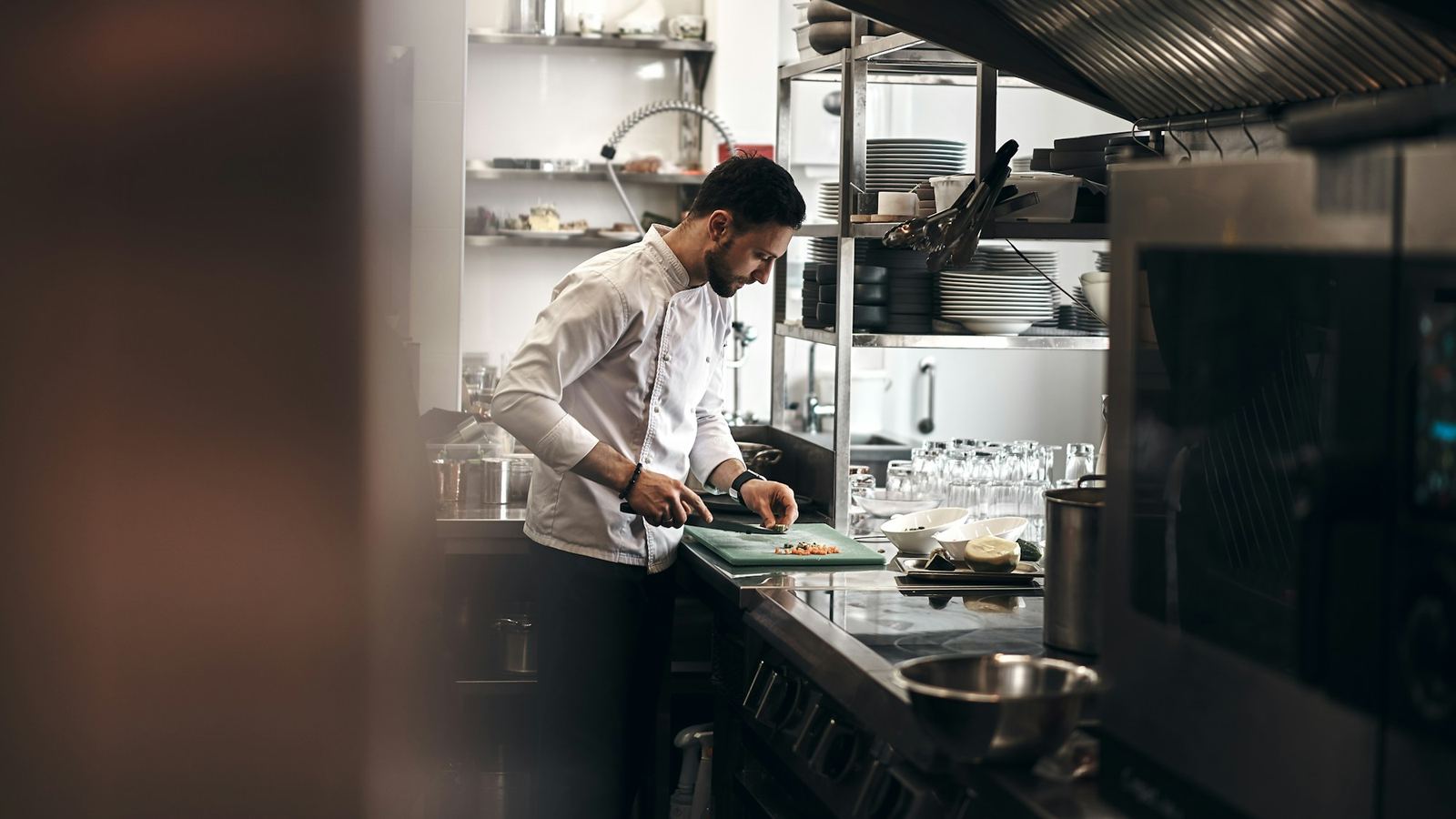 Commercial kitchen with stainless equipment